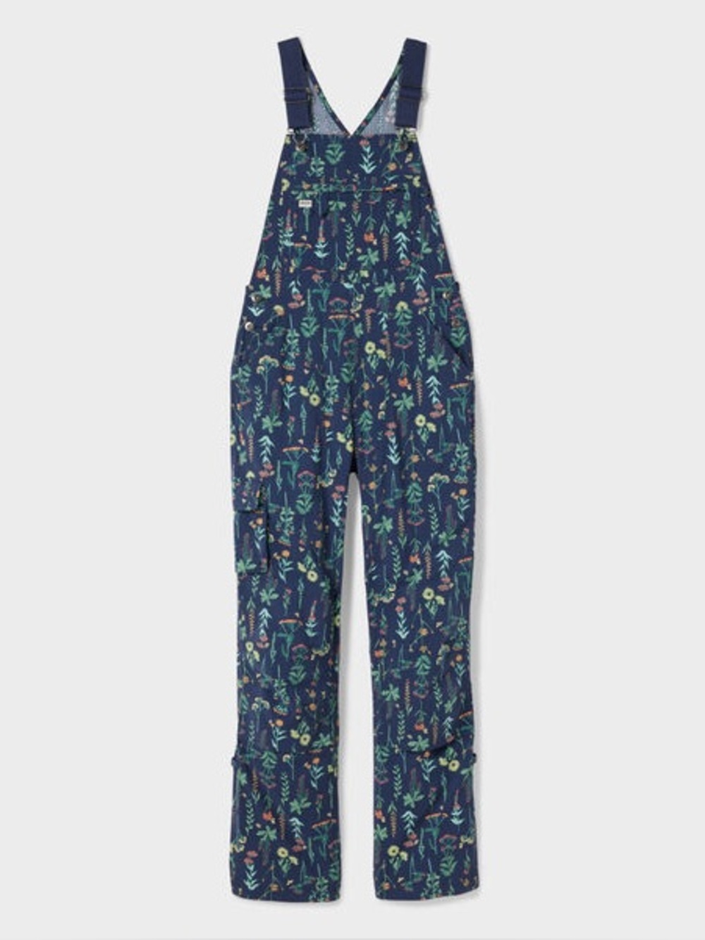 Duluth Heirloom gardening bib overalls in navy blue with wildflower print